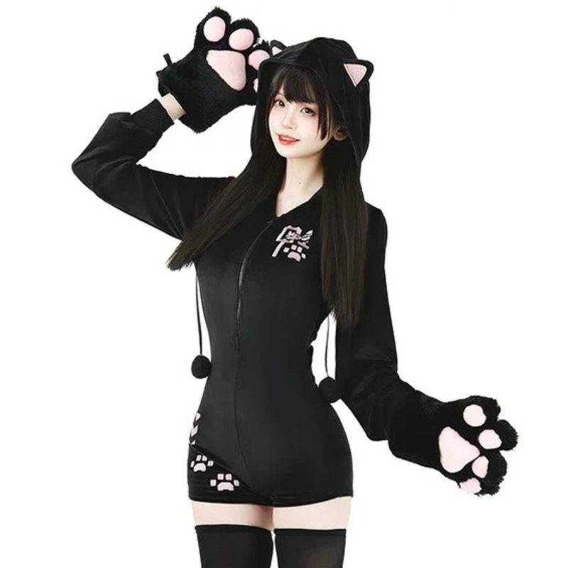 Anime Cosplay One Piece - Anime sevimli kedi peluş kapüşonlu Bodysuit